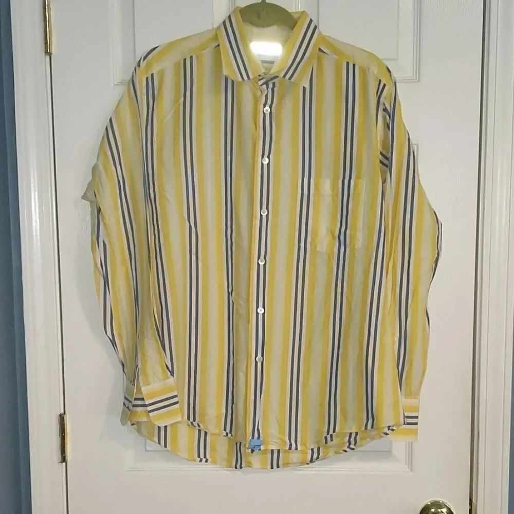 Martin Gordon yellow blue white striped shirt Sz L EUC